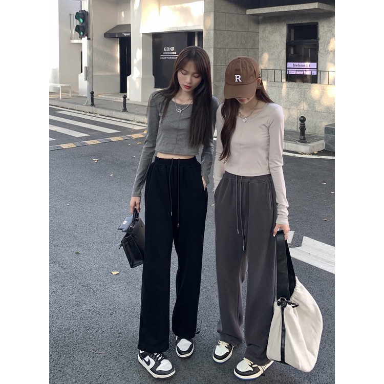 Welove1 Quần thể thao ống rộng lưng cao phong cách Hàn Quốc dành cho nữ