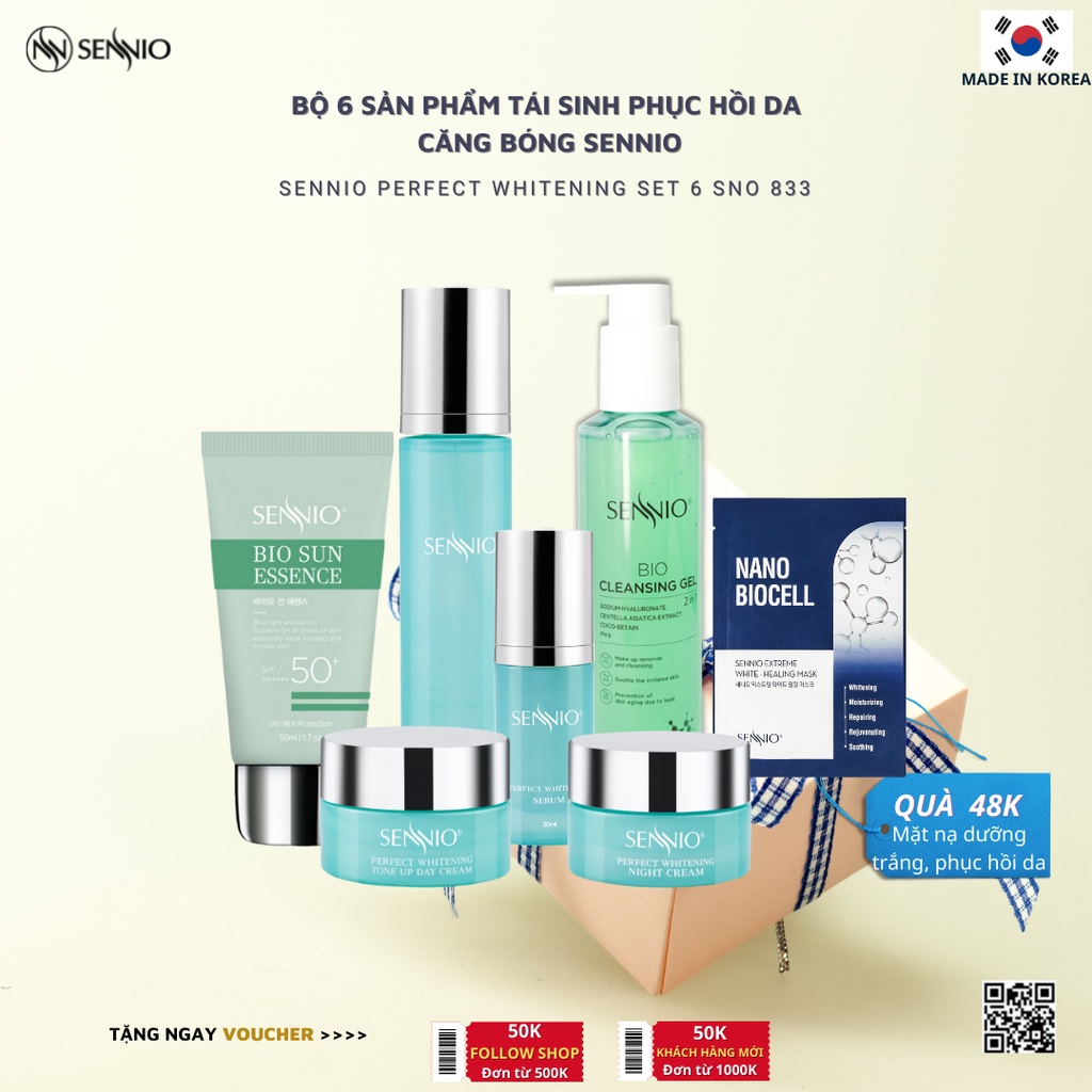 Bộ 6 sản phẩm kem dưỡng da tái sinh phục hồi da căng bóng Sennio make in Korea Perfect Whitening Set 6 Combo