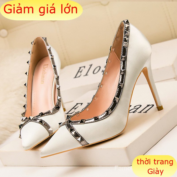 Giày Cao Gót 10cm Mũi Nhọn Đính Đinh Tán Quyến Rũ