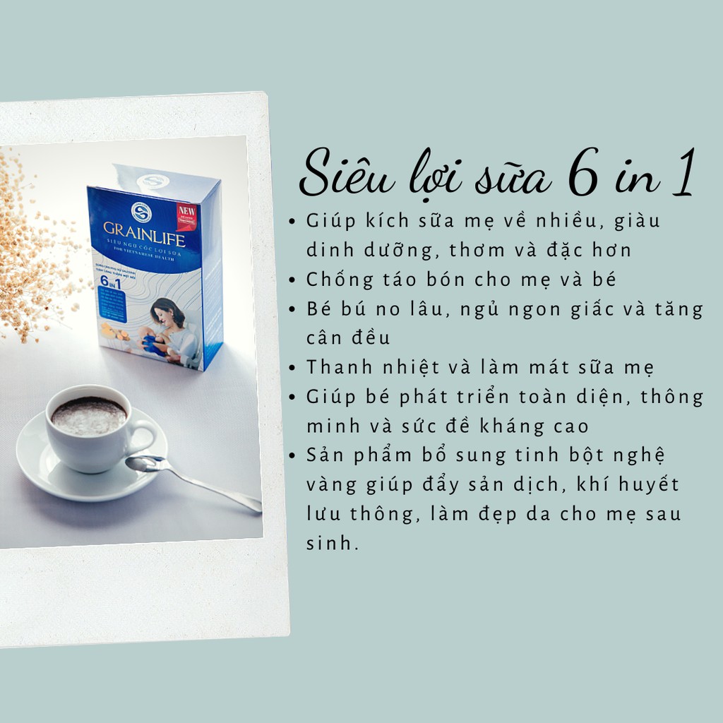 Siêu Ngũ Cốc Lợi Sữa 6 in 1 kích sữa Ngũ cốc Long Liên tăng sữa mẹ, giúp sữa mẹ sánh đặc nhiều dinh dưỡng, bé tăng cân