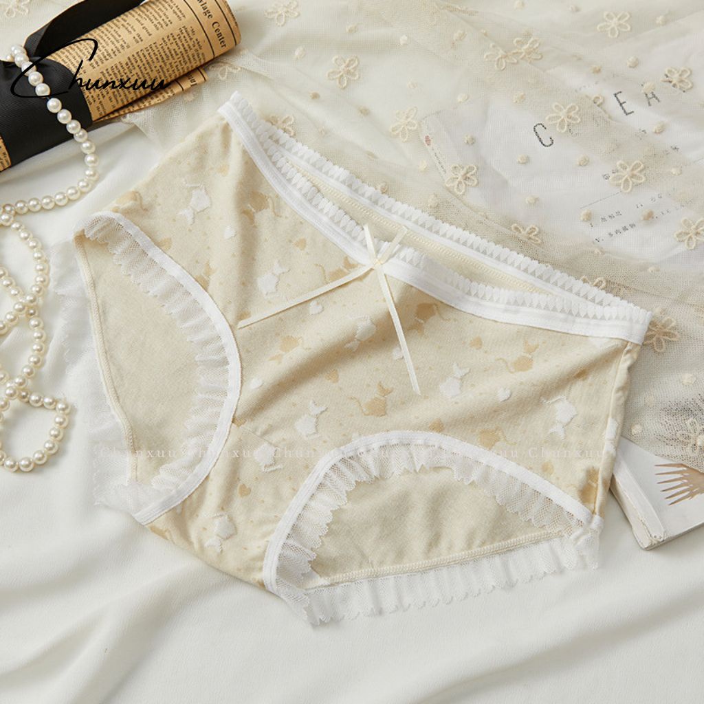 Quần lót nữ cotton cao cấp CHUNXUU, họa tiết mèo phối viền ren dễ thương - QC85