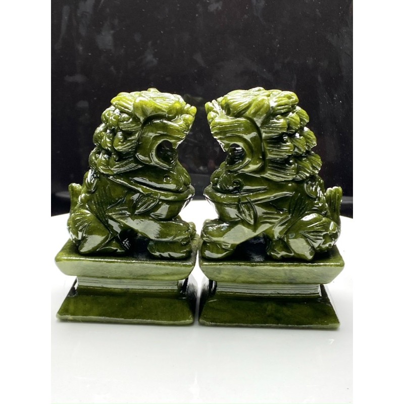 Cặp sư tử cặp kỳ lân dày đá xanh serpetine siêu đẹp 15cm 12cm 10cm