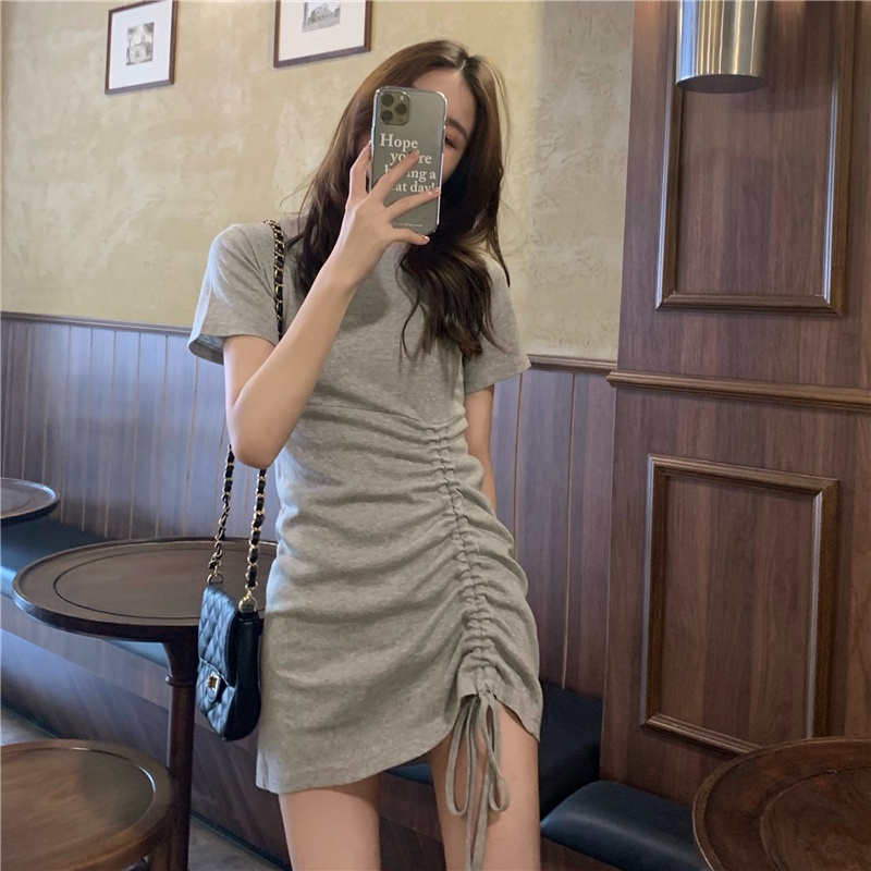 SUXI Đầm Midi Tay Ngắn Dáng Ôm Màu Sắc Đơn Giản Thời Trang Mùa Hè Xinh Xắn Cho Nữ