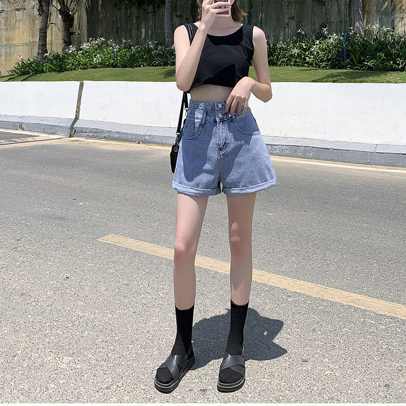 Quần short denim lưng cao ống rộng màu đen thời trang cho nữ K012