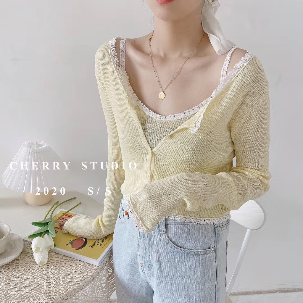 Set Áo Hai Dây + Áo Khoác Cardigan Dệt Kim Thời Trang Cho Nữ | BigBuy360 - bigbuy360.vn