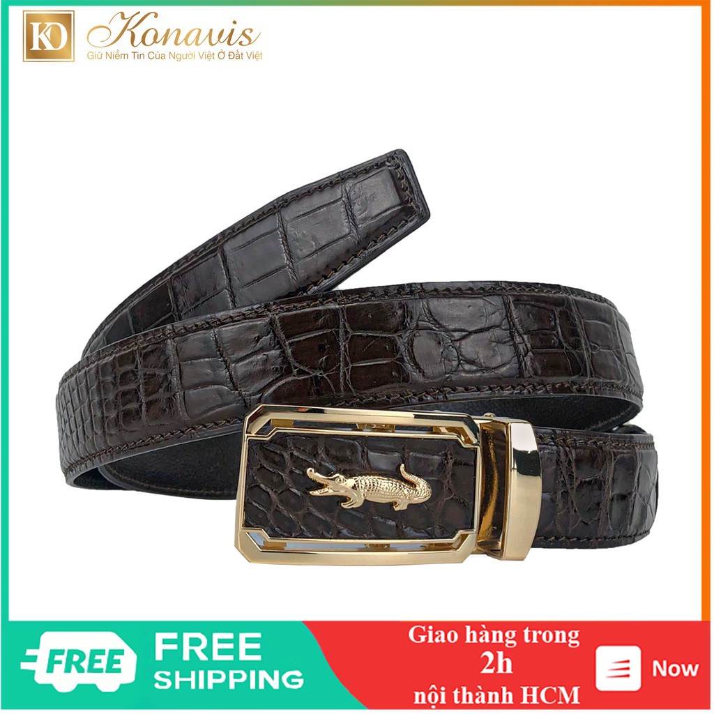 Dây nịt nam - Thắt lưng da cá sấu thật Konavis cao cấp bản nhỏ 3.5Cm làm từ da bụng cá sấu màu nâu đất - CB02-02B