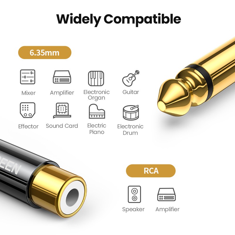 Đầu chuyển đổi UGREEN cổng RCA sang giắc 6.5mm 6.35mm 1/4 bằng đồng nguyên chất mạ vàng cao cấp tiện lợi