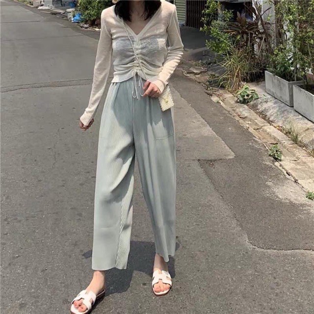 Set áo thun mỏng tay dài cổ V dây rút + quần tây dài nữ chân ống rộng ulzzang ( nhiều màu )