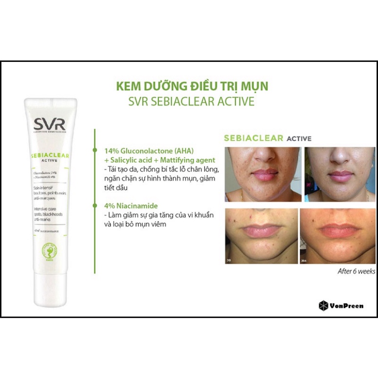 Kem Dưỡng Kiềm Dầu, Ngừa Thâm, Giảm Mụn và Thu Nhỏ Lỗ Chân Lông SVR Sebiaclear Mat + Pores Và SEBIACLEAR Active 40ml