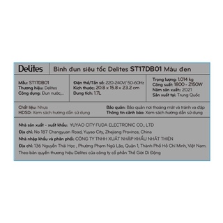 Bình đun siêu tốc Delites 1.7 lít ST17DB01 Màu Đen