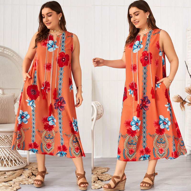 Xiangbao Đầm Midi Không Tay Cổ Chữ V In Hoa Cỡ Lớn Phối Túi Thời Trang Cho Nữ