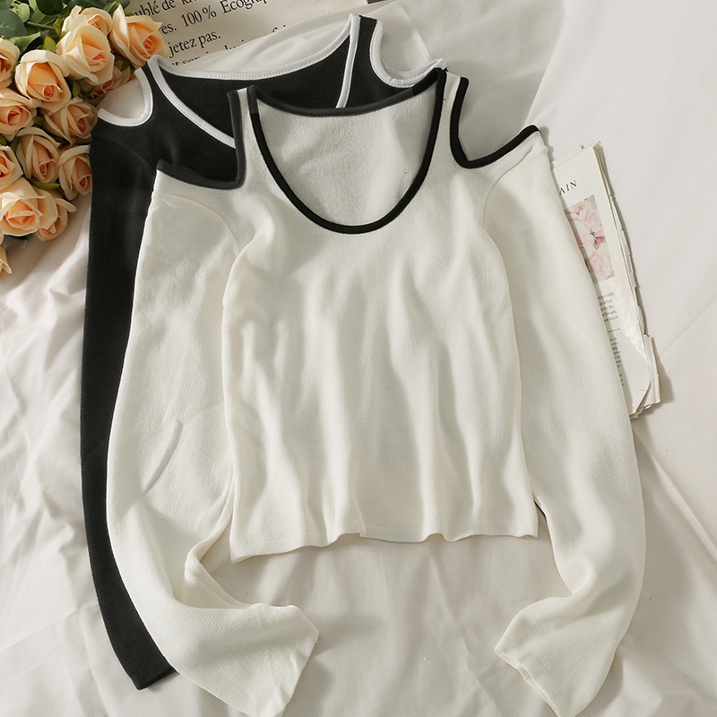 Áo thun tay dài cổ tròn hở vai dáng ôm thời trang mùa thu mới 2021