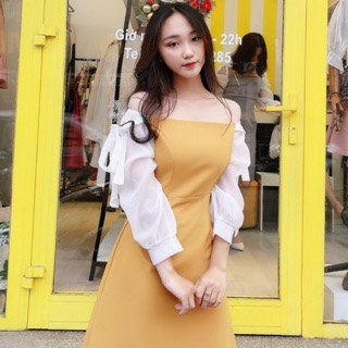 Váy cúp ngực buộc vai tay dài xòe KYMIE