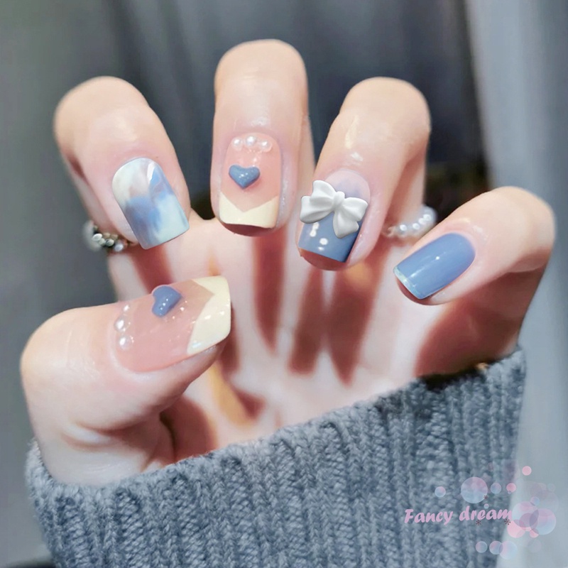 Set 24 móng tay giả màu xanh dương phong cách ngọt ngào có thể tháo ra