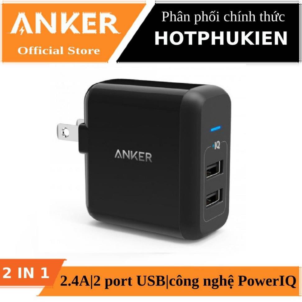 Cóc củ sạc nhanh 24W công nghệ PowerIQ cho điện thoại / máy tính bảng hiệu Anker PowerPort 2 Lite - hàng nhập khẩu