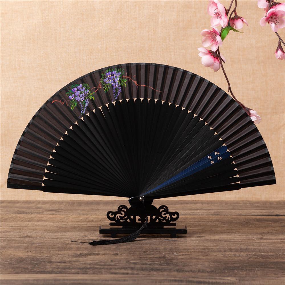 Quạt trúc cổ nan mở lưỡng lục trúc cổ trang dây tuyến xếp cầm tay phong cách Trung Quốc