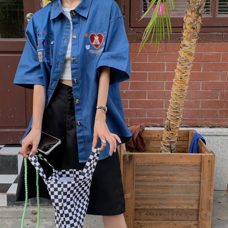  Áo sơ mi denim tay ngắn dáng rộng thêu họa tiết phong cách harajuku retro cho nữ | BigBuy360 - bigbuy360.vn