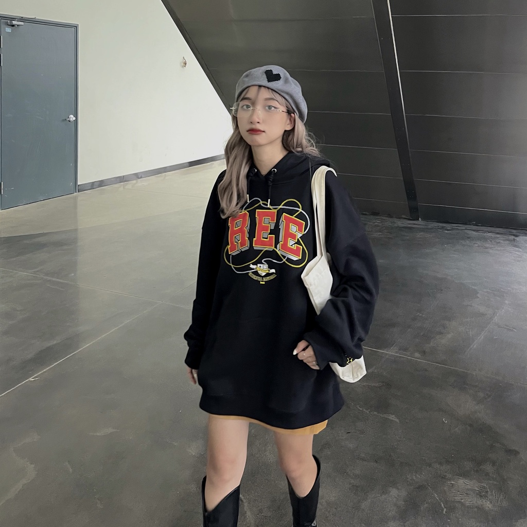 LOCAL BRAND REE - ÁO HOODIE BASIC THÊU DA MÀU ĐEN