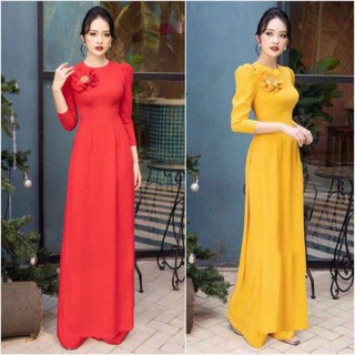 Set bộ áo dài truyền thống cổ tròn đính hoa, bộ áo dài lụa Tây Thy - HTR