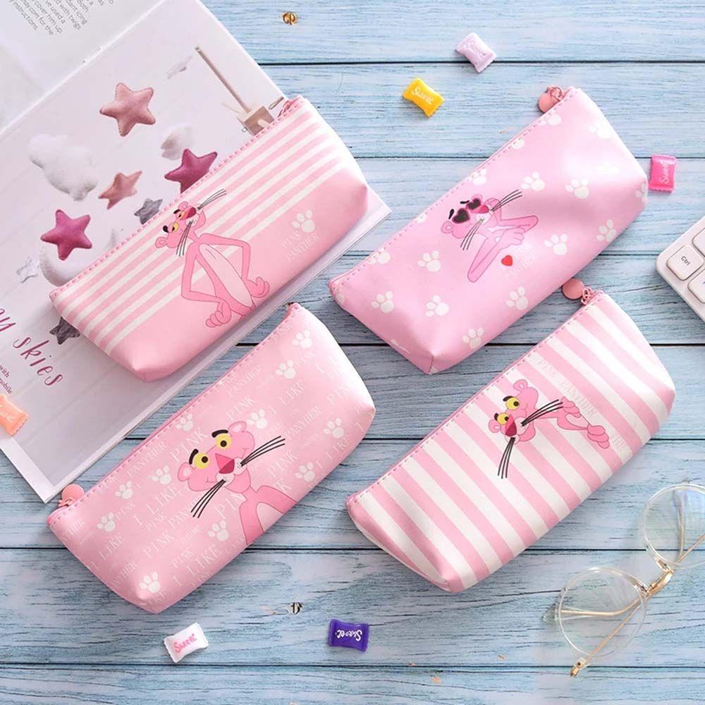 Túi Đựng Bút Bằng PU Chống Nước Sức Chứa Lớn In Hình Báo Hồng Ốp