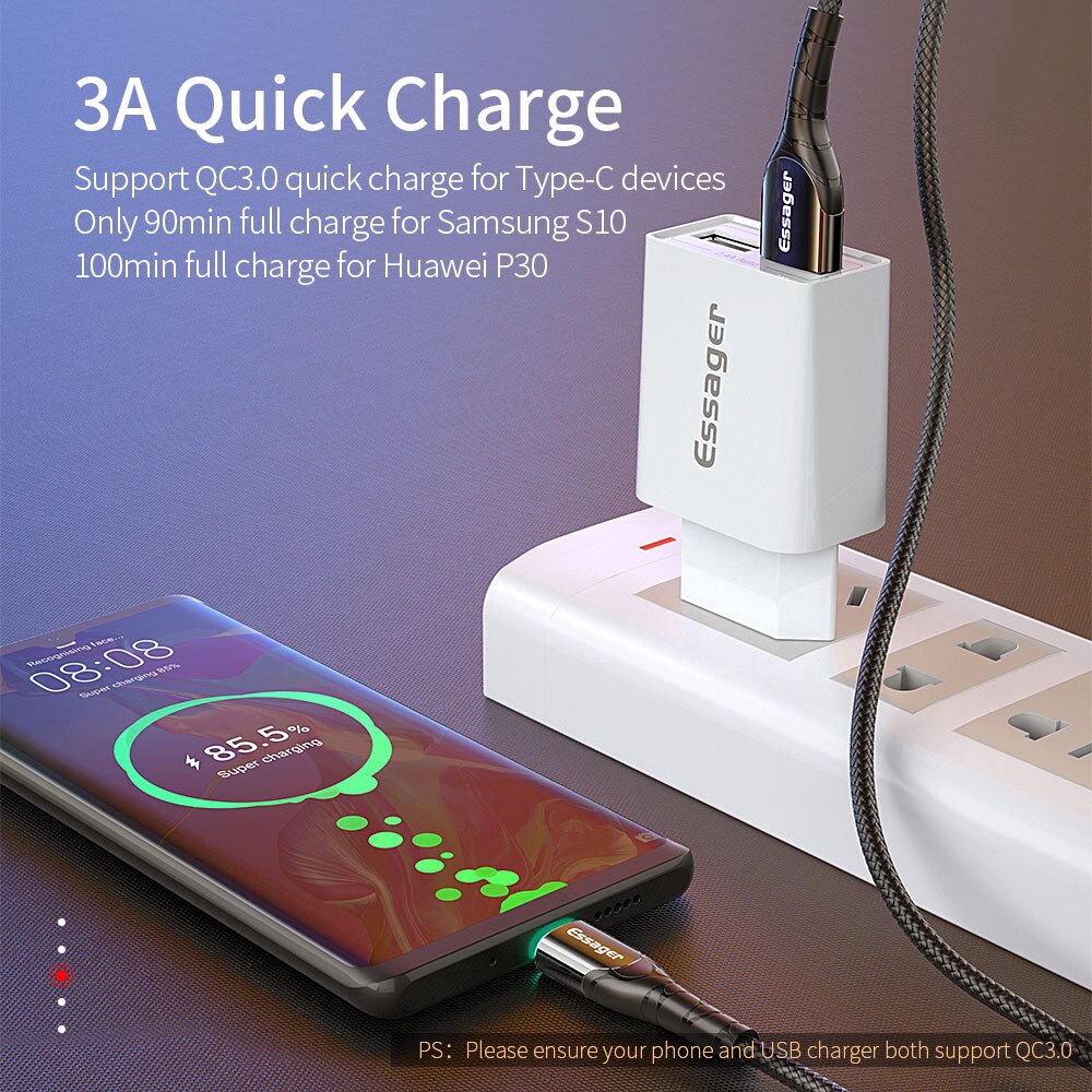 Cáp sạc Essager 3A LED USB Type-C cho Samsung Xiaomi Oppo dài 3M | BigBuy360 - bigbuy360.vn