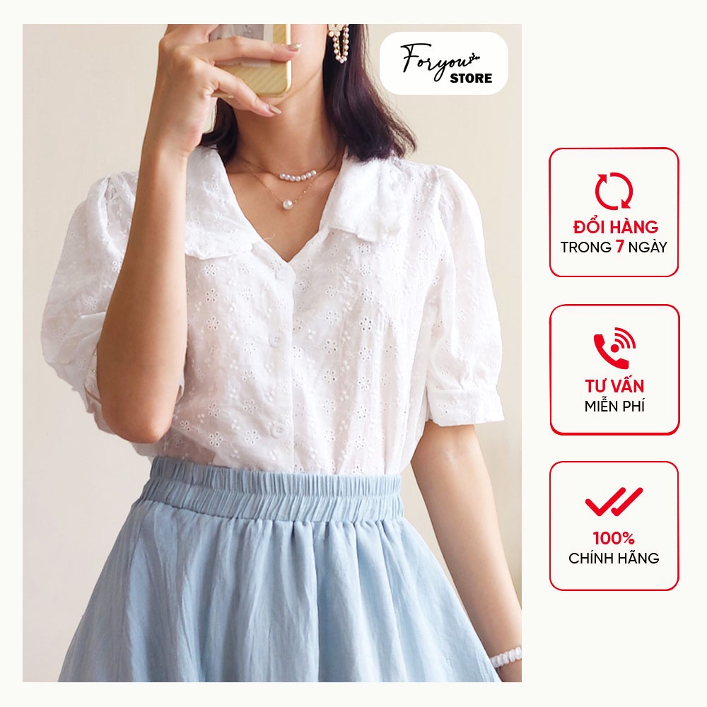 Áo kiểu HQ vải thô thêu hoa tay bồng cổ sen