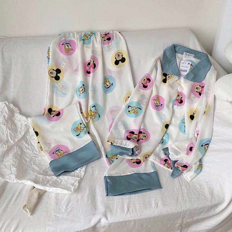 ẢNH THẬT ❤️ Set bộ ngủ lụa dài tay nữ- Bộ pijama nữ dài tay hình chuột mickey xanh lụa mango