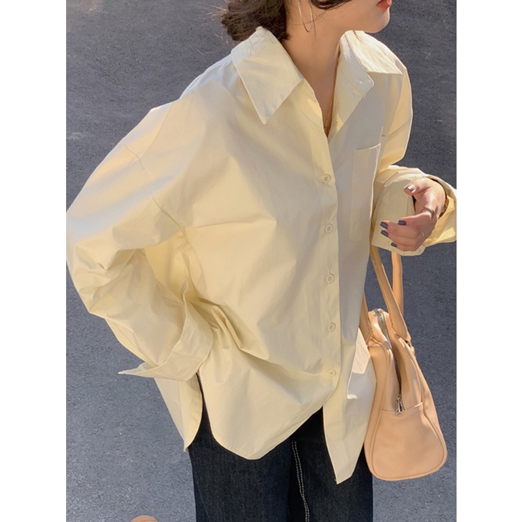 Áo sơ mi vải thô cotton trơn cổ bẻ form rộng dài trùm mông style Hàn Quốc