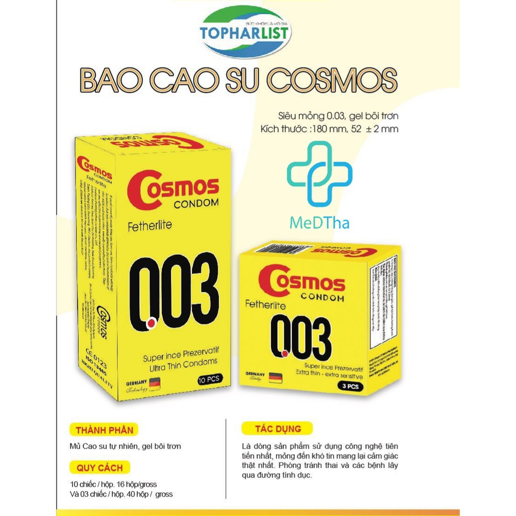 Bao cao su Cosmos Fertherlite 003 siêu mỏng 3 in 1 (Hộp 10 cái) Germany [Chính hãng]