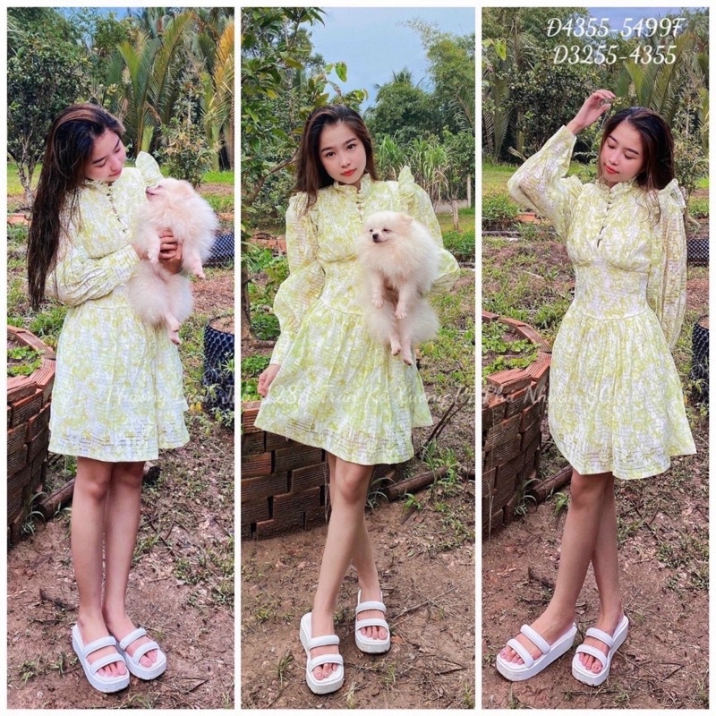 Đầm xoè dài tay cổ tàu hoa xanh hình sàn thật