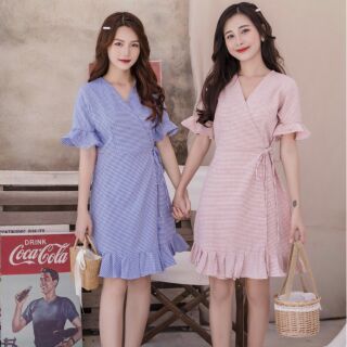 đầm caro tà đắp chéo cột nơ eo