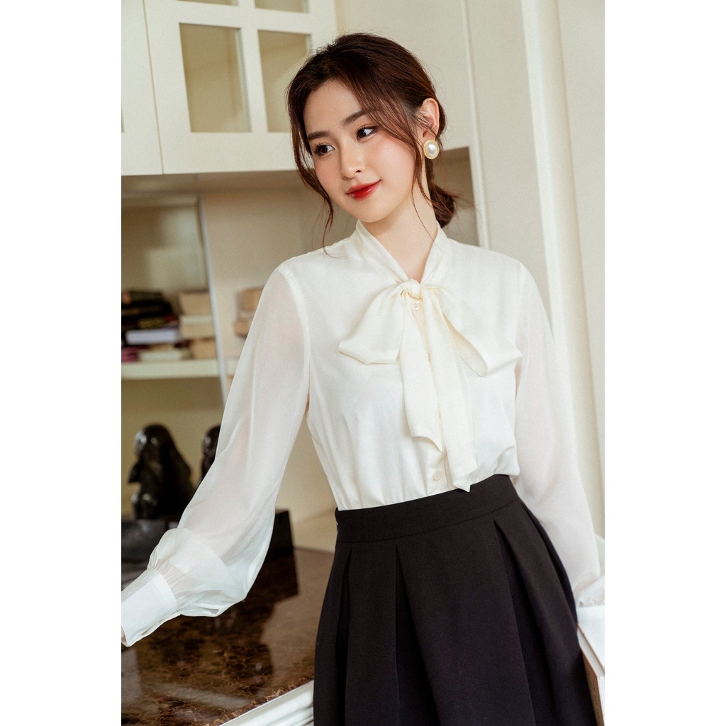 Áo sơmi tơ cổ thắt nơ tay măng sec TIINSTORE AHD408