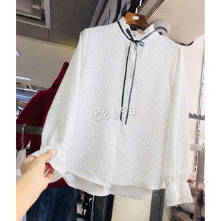 Áo sơ mi chấm bi cổ trụ tay dài thanh lịch phong cách vintage