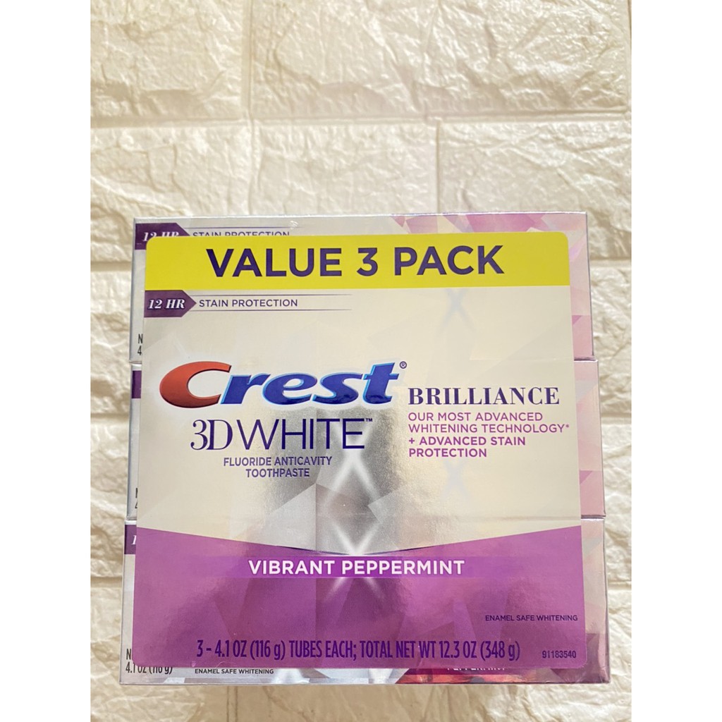 Kem đánh răng Crest 3D White Brilliance 116g New& Radiant Mint Peppermint 12H Improve Formula 3 pack 348g new