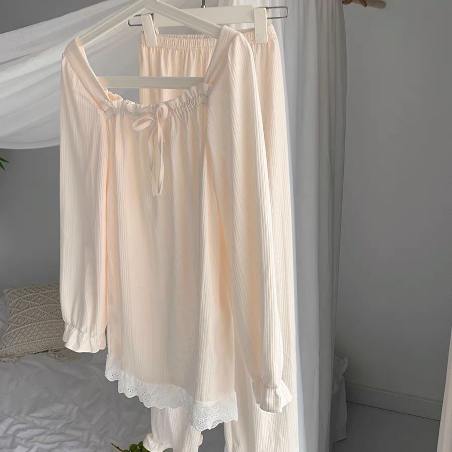 Bộ đồ ngủ tay dài phối ren dáng rộng phong cách hàn quốc thời trang mùa thu cho nữ | BigBuy360 - bigbuy360.vn