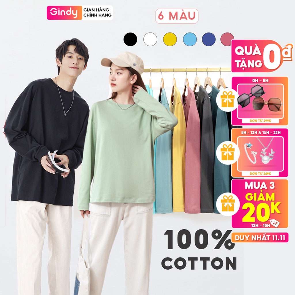 Áo thun phông dài tay nam nữ GINDY  form rộng thu đông trơn basic cổ tròn vải cotton 100% co dãn 4 chiều  A9102
