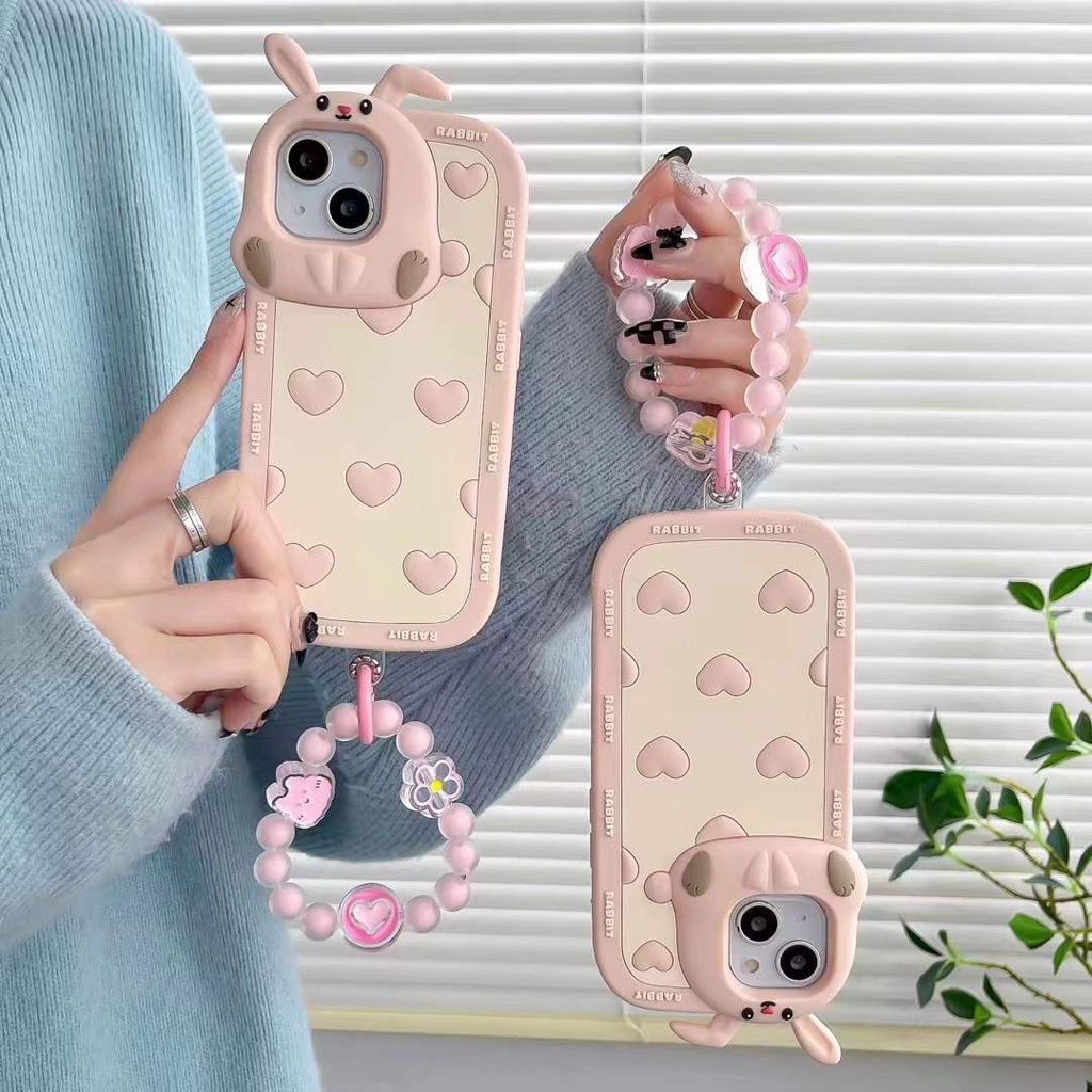 Phù Hợp Ốp Điện Thoại Silicon Mềm Chống Sốc Hình Thỏ Ba Chiều Có Dây Đeo Chuỗi Hạt Cho iPhone13 12 Pro MAX i11 i14