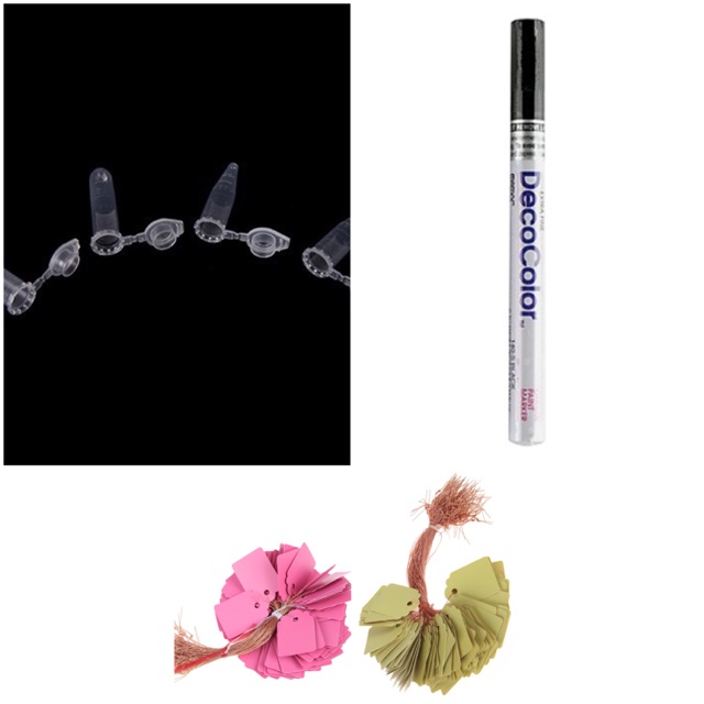 bút + tag dây + ống trữ phấn + thước kẹp