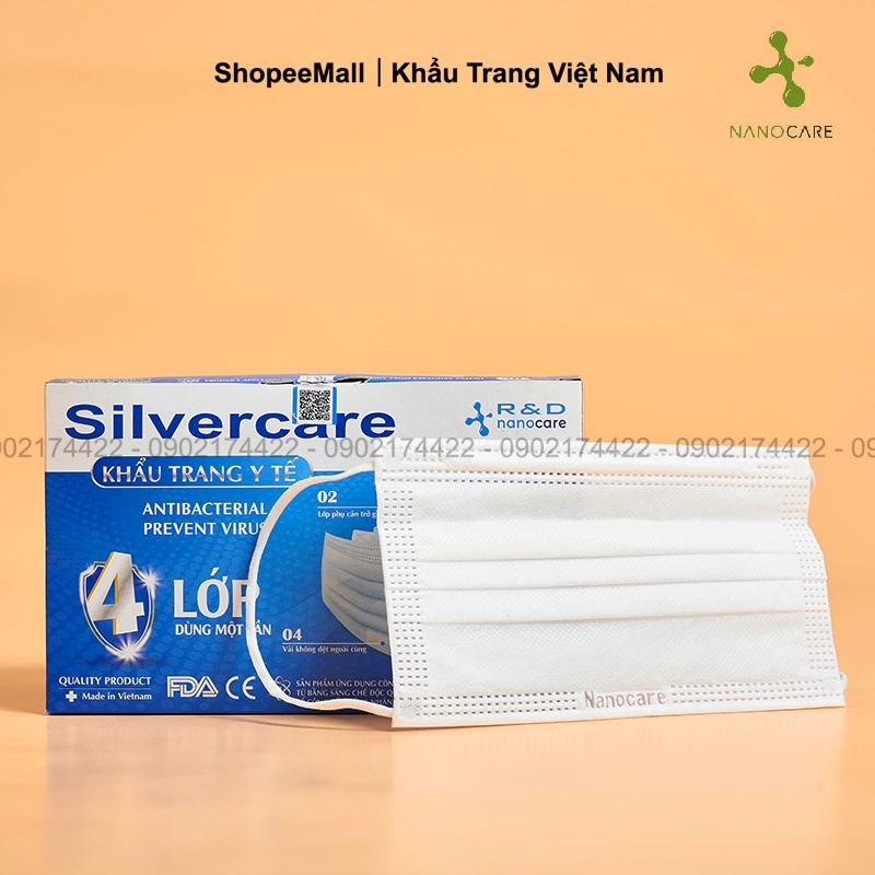 [HỘP-50 CÁI] Khẩu trang y tế kháng khuẩn 4 lớp SILVERCARE - Hàng chính hãng Nanocare R&D