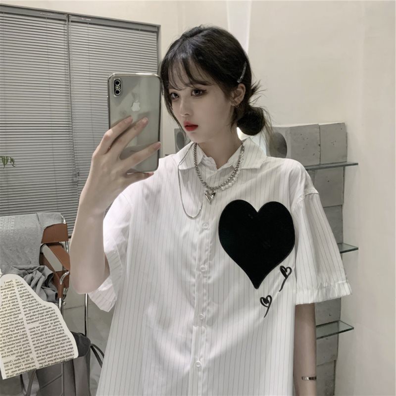 Summer Heart Printed Retro Design Top Niche Casual Loose-Fit-Style Hong Kong-Style BF Striped White Shirt Female