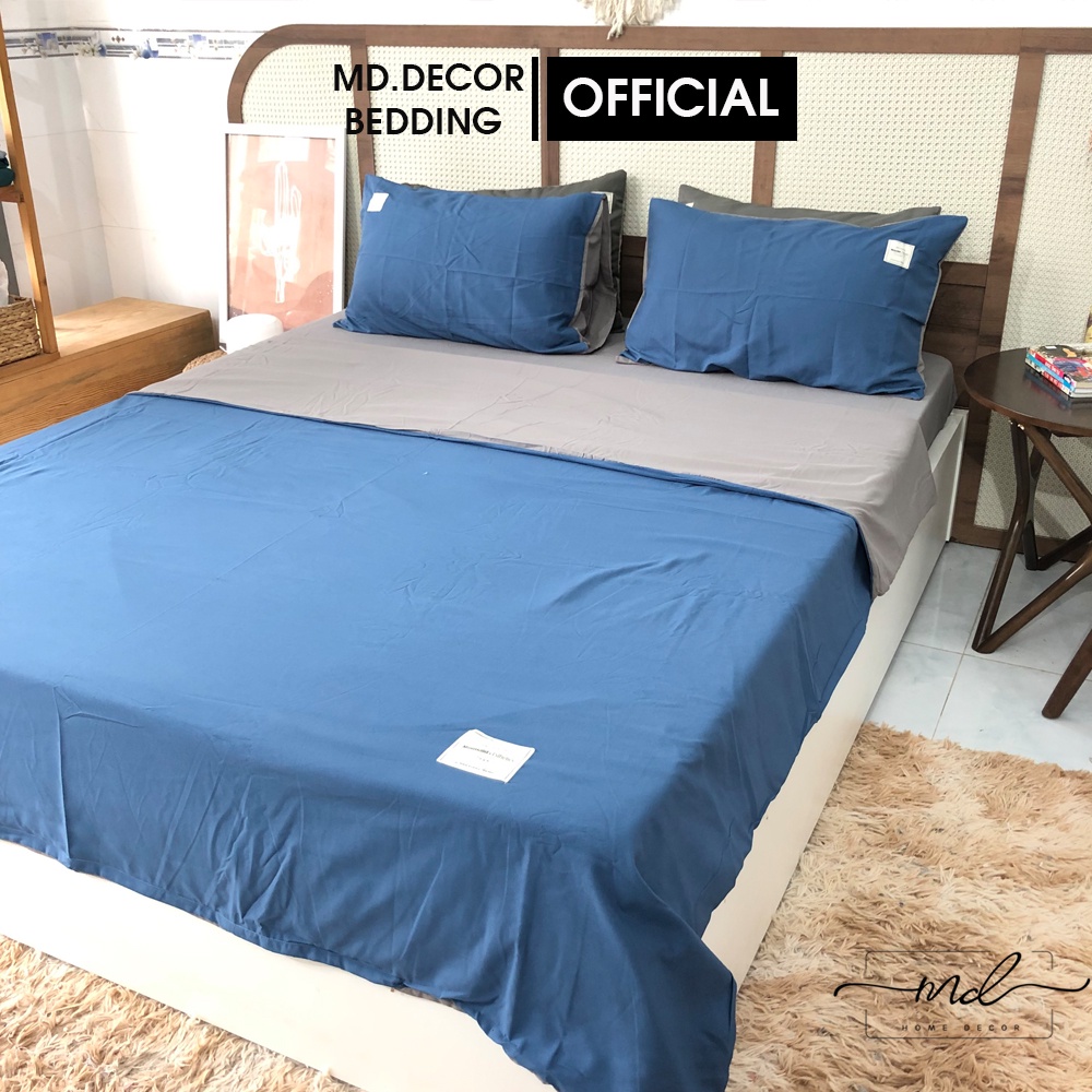 Bộ chăn ga gối cotton tici MD.Decor màu xanh dương phối xám nhiều kích thước nệm m2,m4,m6,m8