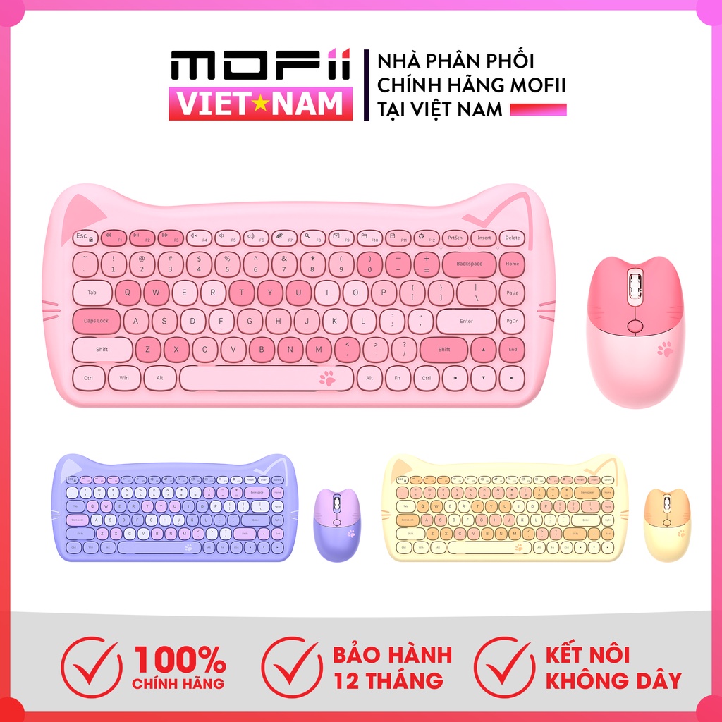 Combo Bàn Phím và Chuột Không dây MOFII KITTY TAI MÈO ĐÁNG YÊU tương thích Win, MacOS, iPad, Điện thoại, Tivi