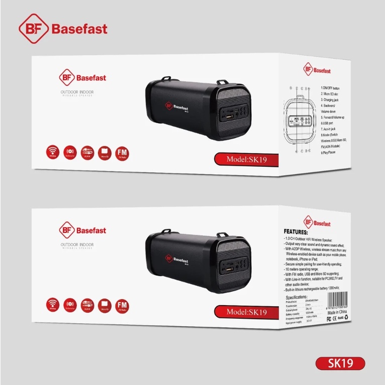 Loa Bluetooth Cao Cấp Basefast SK19 - Kết Nối Không Dây Âm Thanh Sống Động Tích Hợp Cổng AUX, USB và đầu lọc thẻ nhớ TF