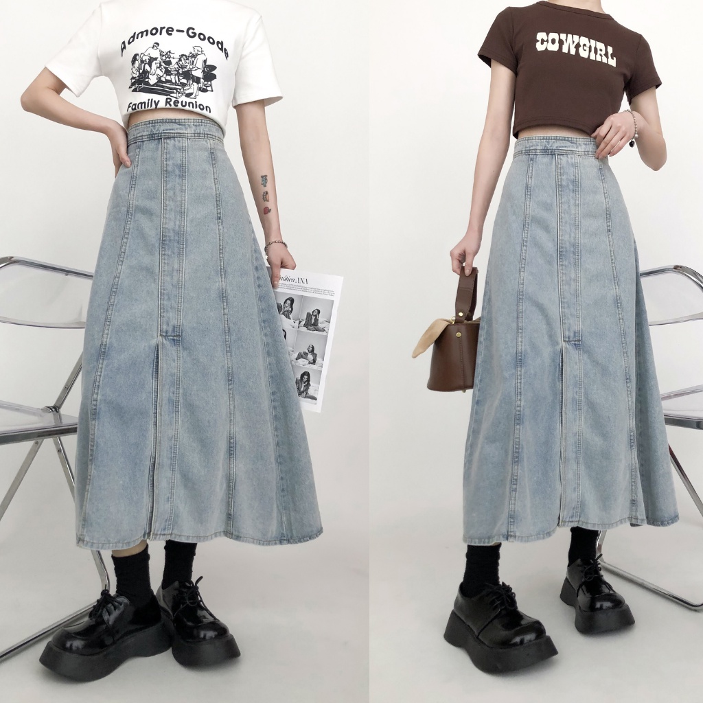 Chân váy jean dáng dài chữ A, chân váy bò xoè kéo khoá phía sau theo phong cách Hàn Quốc 2021 hàng ỏder Taobao