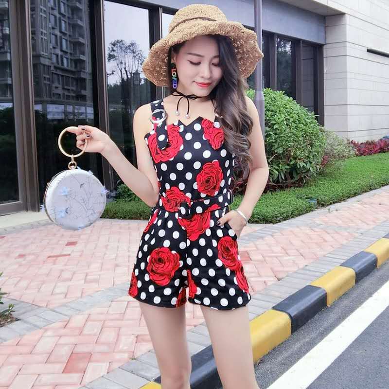 (N020) Bộ Jumpsuit nữ chấm bi hai dây cài khuy có thể điều chỉnh kiểu dáng cúp ngực cổ khoét chữ V eo thắt đai tôn dáng