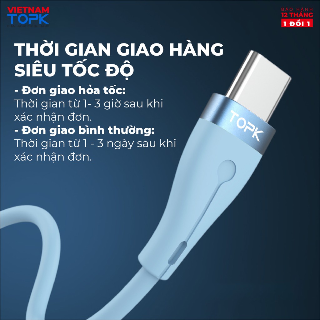 Dây cáp sạc TOPK AN46 dùng cho điện thoại  Vỏ TPE silicon dẻo chống đứt gãy - Hàng chính hãng Bảo hành 12 tháng 1 đổi 1