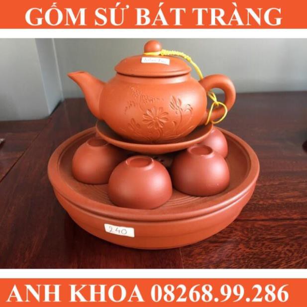 Ấm chén tâm sen khay đôi đỏ khắc hoa - Gốm sứ Bát Tràng Anh Khoa