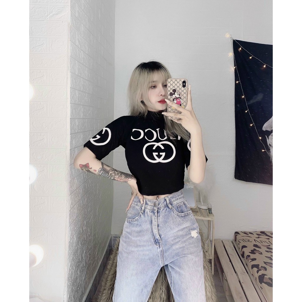 áo kiêu croptop cổ lọ ngắn in chữ gu sang chảnh ảnh thật thun mềm