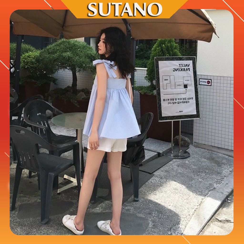 Bộ quần áo nữ set style Hàn Quốc SUTANO,Set áo babydoll hai dây thắt nơ kẻ xanh và quần short trắng cực xinh B405