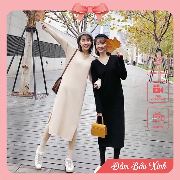 Váy len cổ tim dài tay Đầm nữ chất len đũa hai màu hàng VNXK